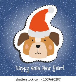 Cartoon sticker with dog on snow background. Vector illustration.