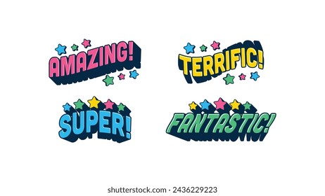 Cartoon sticker expression, vector illustration typography colorful. Cute stickers collection.