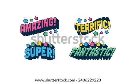 Cartoon sticker expression, vector illustration typography colorful. Cute stickers collection.