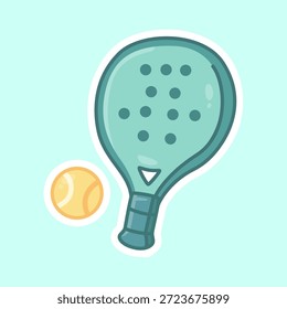 Una pegatina de dibujos animados con una raqueta de pádel y una pelota de tenis al lado. Representa el equipamiento esencial para el deporte del pádel y enfatiza el componente de juego.
