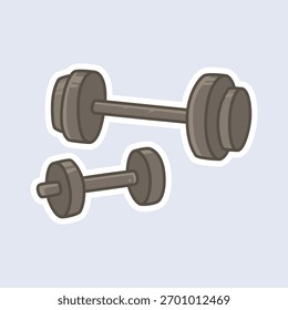 Um adesivo de desenho animado com dois halteres de tamanhos diferentes. Representa treinamento de peso, construção de força e equipamentos essenciais para a academia ou um treino em casa.