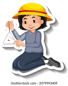Cartoon sticker with girl playing triangle illustration