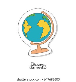 Cartoon sticker with globe on white background. Vector illustration.