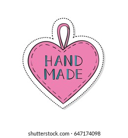 Cartoon sticker with heart and text Hand Made on white background. Vector illustration.