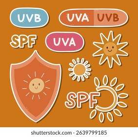 Cartoon sticker list with SPF protection symbols for planners, notebooks, diary. Ready for print list of hand drawn stickers with shield with sun, UVA and UVB signs for sunblock, sunscreen.