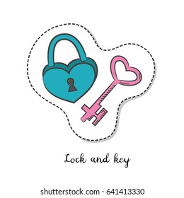 Cartoon sticker with lock and key on white background. Vector illustration.