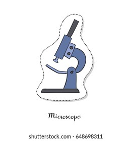 Cartoon sticker with microscope on white background. Vector illustration.