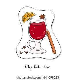 Cartoon sticker with mulled wine on white background. Vector illustration.