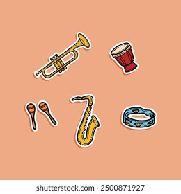 Cartoon sticker musical instruments. Music instrument vector illustration design collection isolated in a peach background