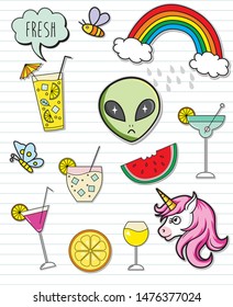 Cartoon sticker on paper background, Smoothie in glass bottle with straws on paper background