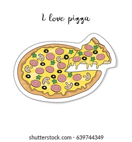 Cartoon sticker with pizza on white background. Vector illustration.