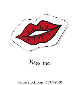 Cartoon sticker with red lips on white background. Vector illustration.