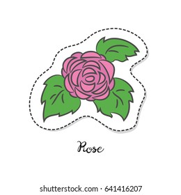 Cartoon sticker with rose on white background. Vector illustration.