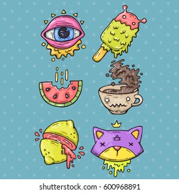Sticker de dibujos animados en estilo de moda de los años 90. Señales divertidas del doodle vectorial.