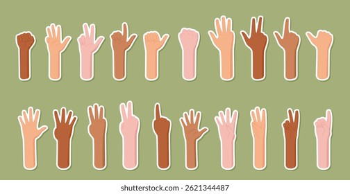 Cartoon sticker set with finger gestures and numbers. Human bare hands show count with silhouette arms. Flat style, educational icon for math visuals and learning tools.