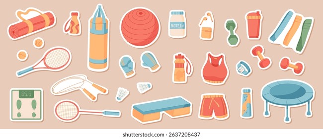 Cartoon sticker sport equipment set on a flat background. Fitness and training tools include gym accessories and workout items. Athlete colorful design for active lifestyle concepts gym decorations.
