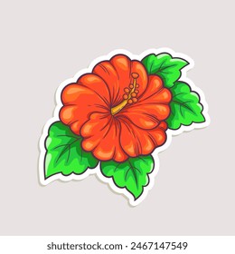 Pegatina de dibujos animados para el diseño de verano. Vector dibujado a mano ilustración de flor de hibisco aislado en blanco.
