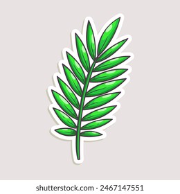 Cartoon sticker for summer design. Vector hand-drawn illustration of palm leaf isolated on white.