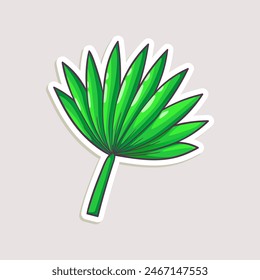 Cartoon sticker for summer design. Vector hand-drawn illustration of palm leaf isolated on white.