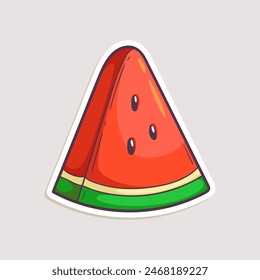 Cartoon sticker for summer design. Vector hand-drawn illustration of a piece of juicy watermelon isolated on white.