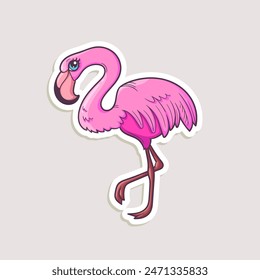 Cartoon sticker for summer design. Vector hand-drawn illustration of cute pink flamingo isolated on white.