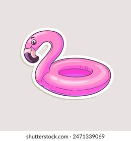 Cartoon sticker for summer design. Vector hand-drawn illustration of a pink flamingo swimming ring isolated on a white background.