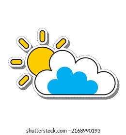 Cartoon sticker of the Sun behind a cloud on a white background. Vector illustration.