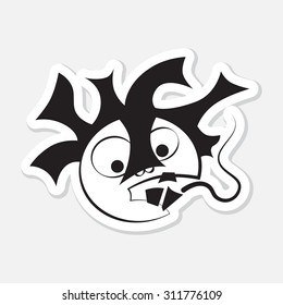cartoon sticker - surprised expression face with bad breath, black and white drawing, contour, eyes, nose, three teeth and afro hair with shadow on a white background, abstract illustration