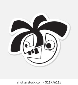 cartoon sticker - surprised expression face, black and white drawing, contour, eyes, three teeth and afro hair with shadow on a white background, abstract illustration