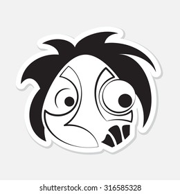 cartoon sticker - surprised expression face, black and white drawing, contour, eyes, three teeth and hair with shadow on a white background, abstract illustration