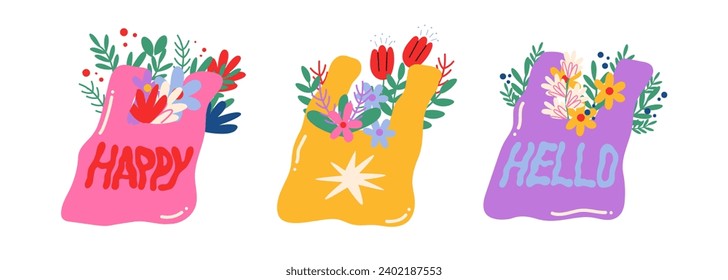 Cartoon stickers bouquets of flowers in a bag. Botanical elements, abstract shapes Vector groovy funky retro fanny stickers