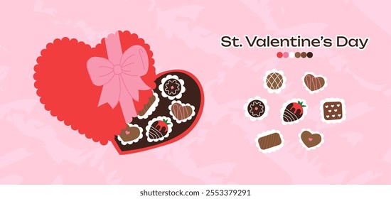 Cartoon stickers box of chocolates for St. Valentine's Day on February 14 . Heart shape box with chocolate candies with different tastes. Vector romantic set.