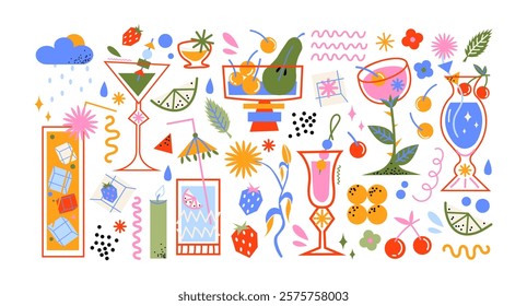 Cartoon stickers cocktails in glass jars and glasses, set of alcoholic drinks and fruits. Retro cans of refreshing drinks with ice for party. cocktail ingredients. trending doodle stickers