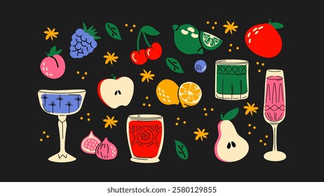 Cartoon stickers cocktails in glass jars and glasses, set of alcoholic drinks and fruits. Retro cans of refreshing drinks with ice for party. cocktail ingredients. trending doodle stickers.