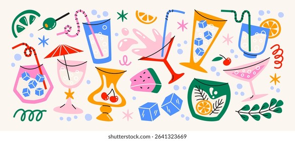 Cartoon stickers cocktails in glass jars and glasses, set of alcoholic drinks and fruits. Retro cans of refreshing drinks with ice for party. cocktail ingredients. trending doodle stickers