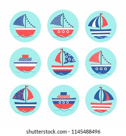 Cartoon stickers with colored boats in the sea. Children's drawing. Vector illustration