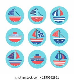 Cartoon stickers with colored boats in the sea. Children's drawing. Vector illustration