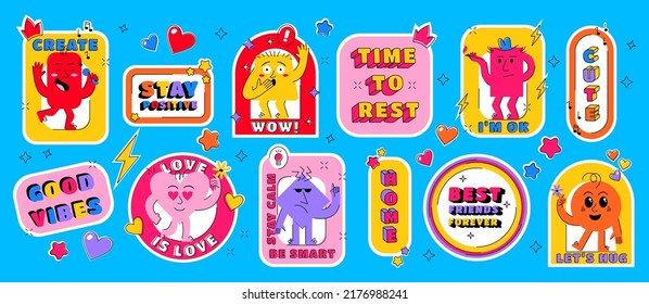 Cartoon stickers. Comic labels. Abstract faces. Geometric characters. Fun and calm. Okay or good vibes lettering. Retro posters set. Positive expressions. Vector illustration background