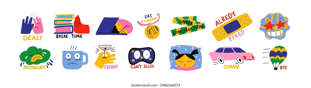 Cartoon stickers comic weekdays workers . Labor, schedule, business, office retro blot characters with emotions. Retro vector doodle mascots in 90s style