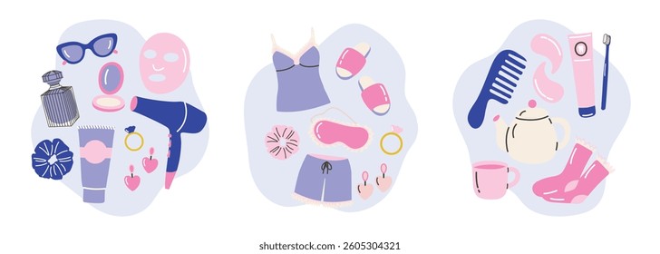 Cartoon stickers for cozy women’s night routine. Doodle elements of pajamas, self-care, cosmetics, accessories, and home decor. Vector trendy illustration for relaxation and beauty themes.