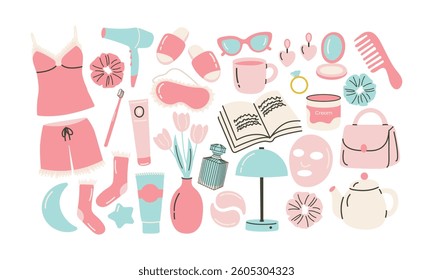 Cartoon stickers for cozy women’s night routine. Doodle elements of pajamas, self-care, cosmetics, accessories, and home decor. Vector trendy illustration for relaxation and beauty themes.