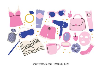 Cartoon stickers for cozy women’s night routine. Doodle elements of pajamas, self-care, cosmetics, accessories, and home decor. Vector trendy illustration for relaxation and beauty themes.