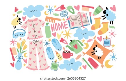 Cartoon stickers for cozy women’s night routine. Doodle elements of pajamas, self-care, cosmetics, accessories, and home decor. Vector trendy illustration for relaxation and beauty themes.