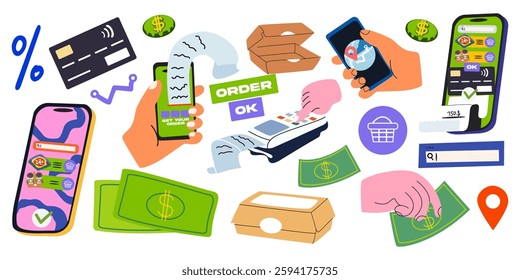 Cartoon stickers of delivery service, finance, business, money, payment methods, craft paper food box. Retro shapes of credit card, coins, mobile phone, paper money. Vector illustration in flat style