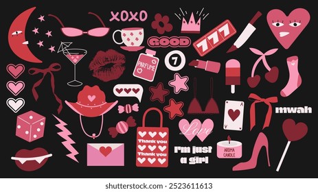 Cartoon stickers of feminine things in retro 90s style. Trendy vintage girls set
