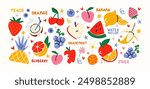 Cartoon stickers fruits and berries. Set of tropical exotic fruits in retro doodle groovy style. Vegetarian healthy food, vitamins.