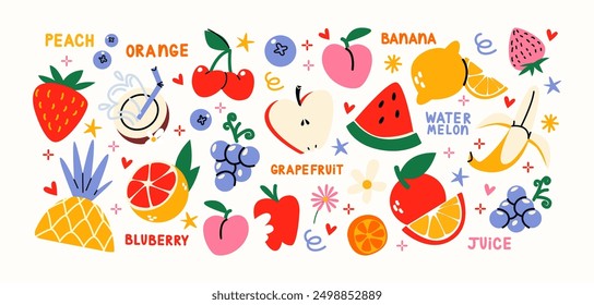 Cartoon stickers fruits and berries. Set of tropical exotic fruits in retro doodle groovy style. Vegetarian healthy food, vitamins.