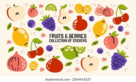 Cartoon stickers fruits and berries. Set of tropical exotic fruits in retro doodle groovy style. Vegetarian healthy food, vitamins