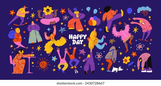 Cartoon stickers of happy characters. Vector retro groovy pattern, people drink coffee, dance, run, play sports. Happy life concept, sunny joyful day