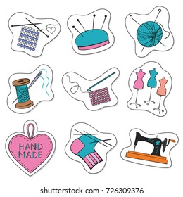 Cartoon stickers with knitting, sewing and needlework colorful icons on white background. Vector illustration.